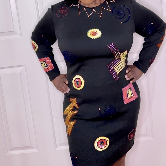 LIZ CLAIBORNE Vintage Long Sleeve Beaded Bodycon Dress-Medium - Picture 1 of 14
